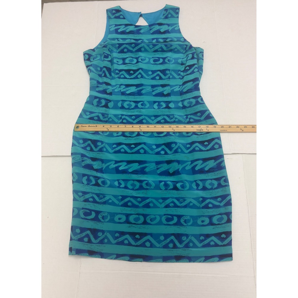 Maggy London Geometric Print Silk Sheath Dress Womens 10 Teal Blue Office - Picture 7 of 9